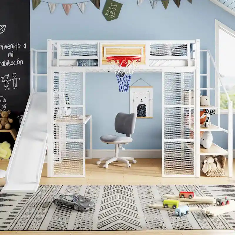 Lit mezzanine en métal blanc grandeur nature avec toboggan, bureau et armoire (1 personne)