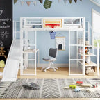 Lit mezzanine en métal blanc grandeur nature avec toboggan, bureau et armoire (1 personne)
