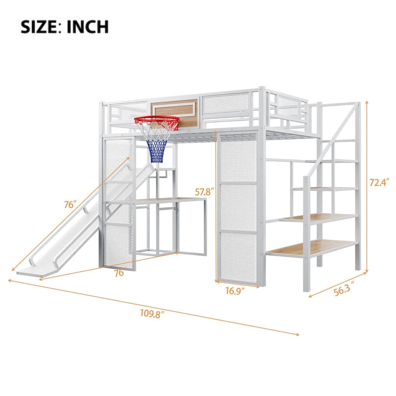 Lit mezzanine en métal blanc grandeur nature avec toboggan, bureau et armoire (1 personne)