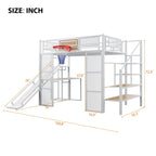 Lit mezzanine en métal blanc grandeur nature avec toboggan, bureau et armoire (1 personne)