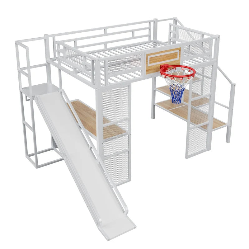Lit mezzanine en métal blanc grandeur nature avec toboggan, bureau et armoire (1 personne)