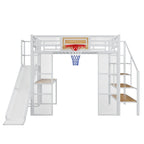 Lit mezzanine en métal blanc grandeur nature avec toboggan, bureau et armoire (1 personne)