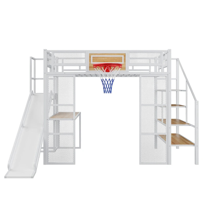Lit mezzanine en métal blanc grandeur nature avec toboggan, bureau et armoire (1 personne)