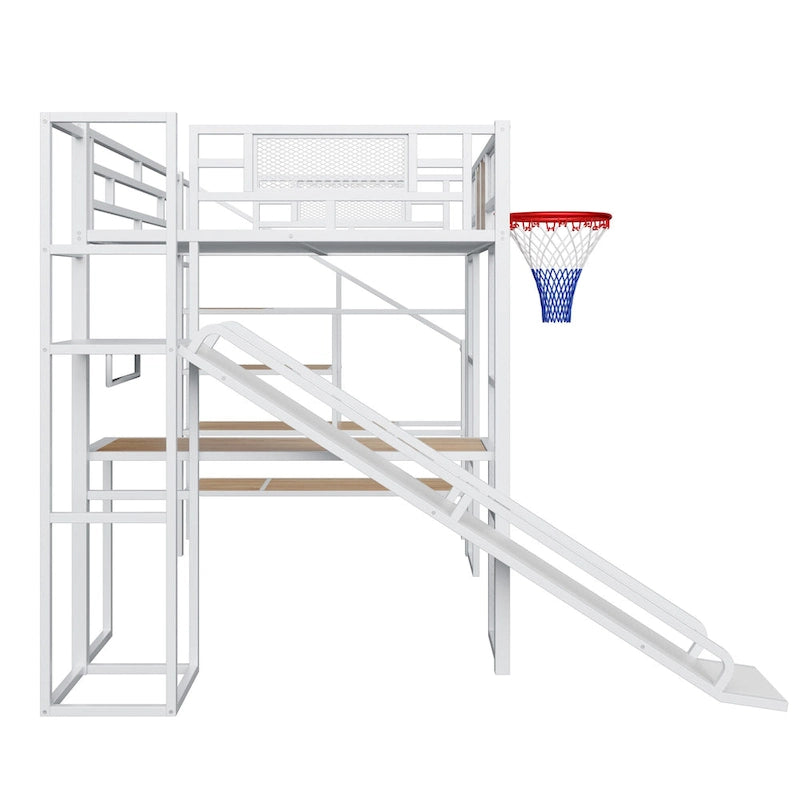 Lit mezzanine en métal blanc grandeur nature avec toboggan, bureau et armoire (1 personne)