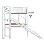 Lit mezzanine en métal blanc grandeur nature avec toboggan, bureau et armoire (1 personne)