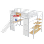 Lit mezzanine en métal blanc grandeur nature avec toboggan, bureau et armoire (1 personne)