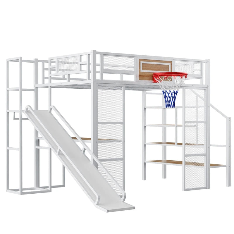 Lit mezzanine en métal blanc grandeur nature avec toboggan, bureau et armoire (1 personne)