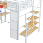 Lit mezzanine en métal blanc grandeur nature avec toboggan, bureau et armoire (1 personne)