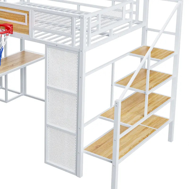 Lit mezzanine en métal blanc grandeur nature avec toboggan, bureau et armoire (1 personne)