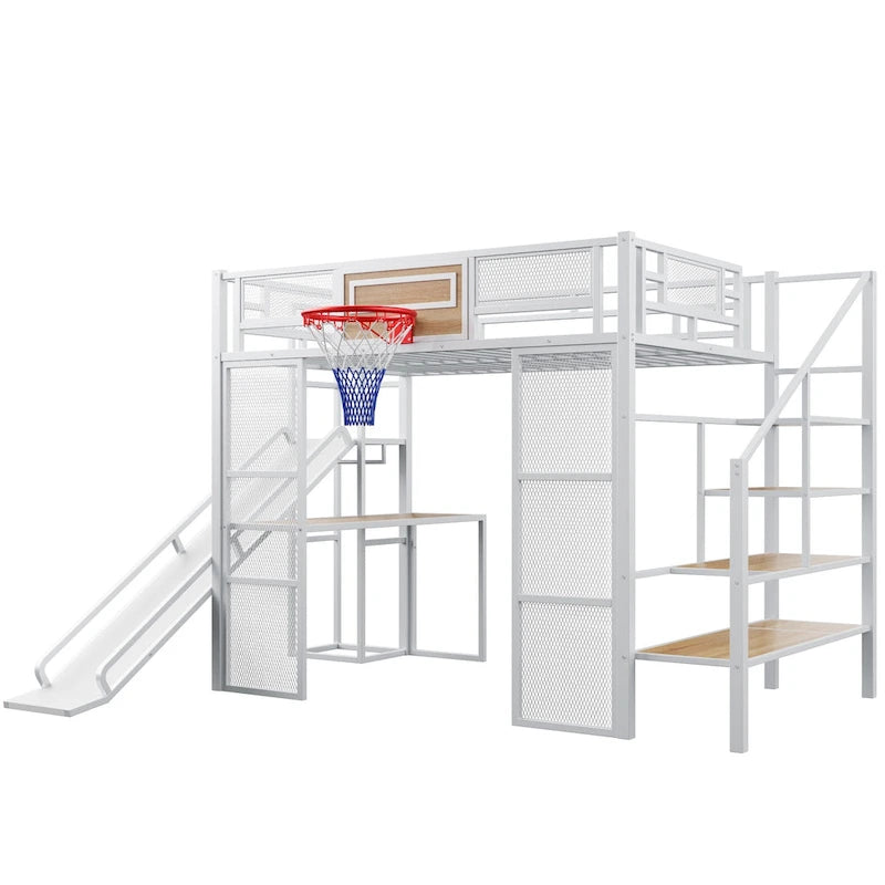 Lit mezzanine en métal blanc grandeur nature avec toboggan, bureau et armoire (1 personne)