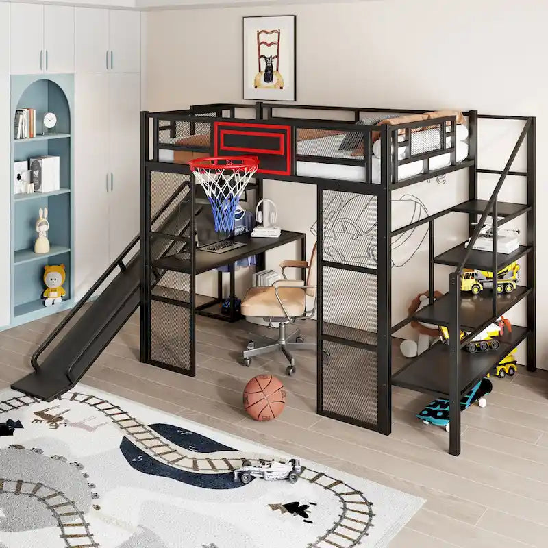 Lit mezzanine en métal blanc grandeur nature avec toboggan, bureau et armoire (1 personne)