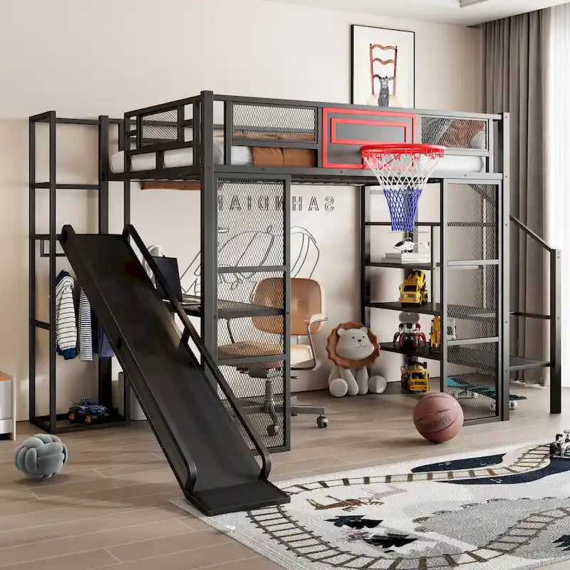 Lit mezzanine en métal blanc grandeur nature avec toboggan, bureau et armoire (1 personne)