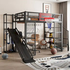 Lit mezzanine en métal blanc grandeur nature avec toboggan, bureau et armoire (1 personne)