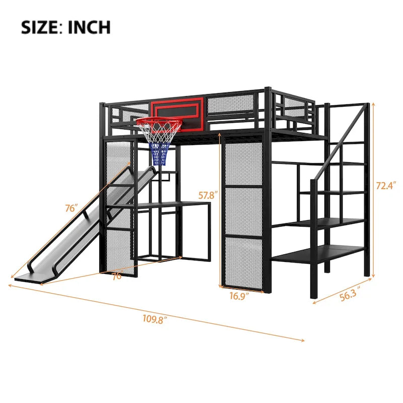 Lit mezzanine en métal blanc grandeur nature avec toboggan, bureau et armoire (1 personne)