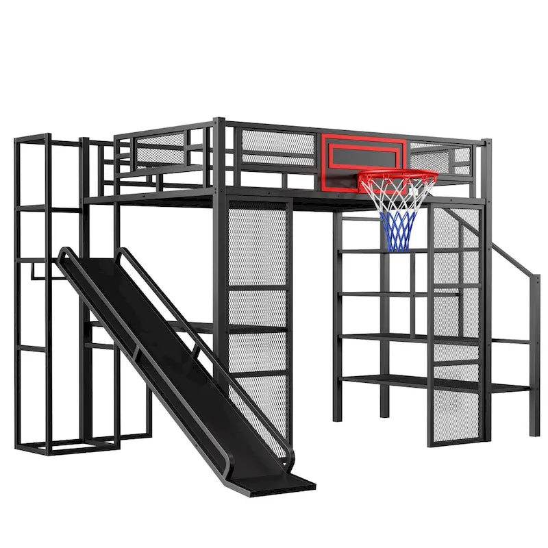 Lit mezzanine en métal blanc grandeur nature avec toboggan, bureau et armoire (1 personne)