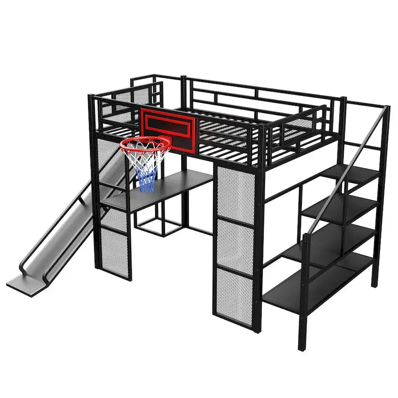 Lit mezzanine en métal blanc grandeur nature avec toboggan, bureau et armoire (1 personne)