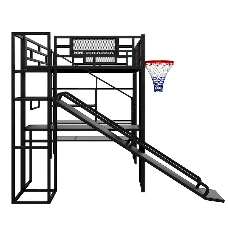 Lit mezzanine en métal blanc grandeur nature avec toboggan, bureau et armoire (1 personne)
