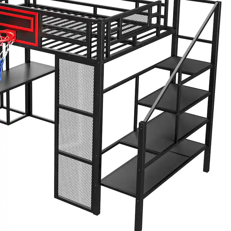 Lit mezzanine en métal blanc grandeur nature avec toboggan, bureau et armoire (1 personne)