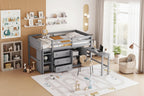 Twin Size Low Loft Bed with Pull Out Desk,Drawers,Cabinet and Shelves