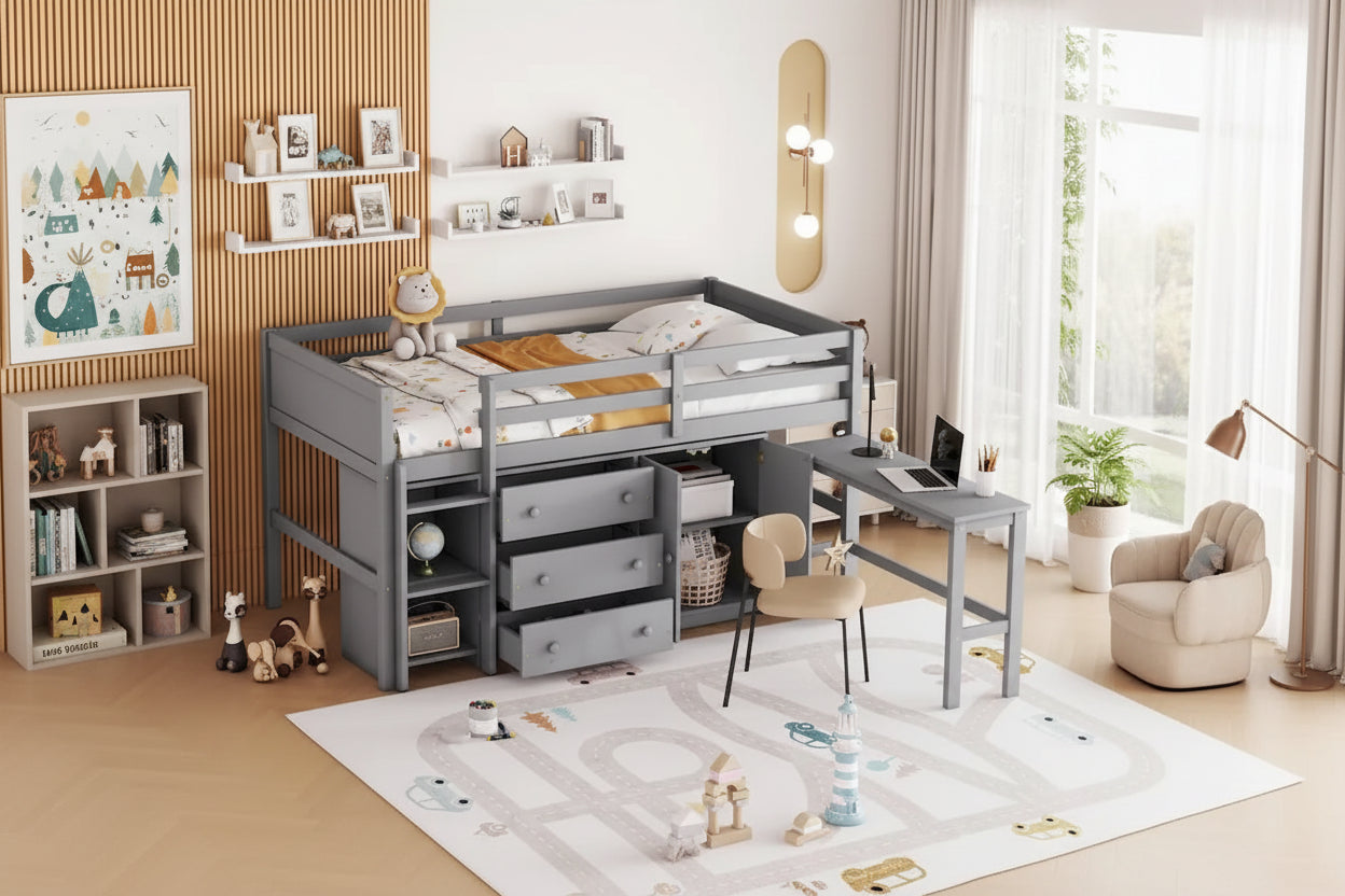 Twin Size Low Loft Bed with Pull Out Desk,Drawers,Cabinet and Shelves