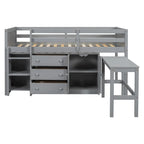 Lit mezzanine bas simple blanc avec bureau, rangements et étagères – 1 personne