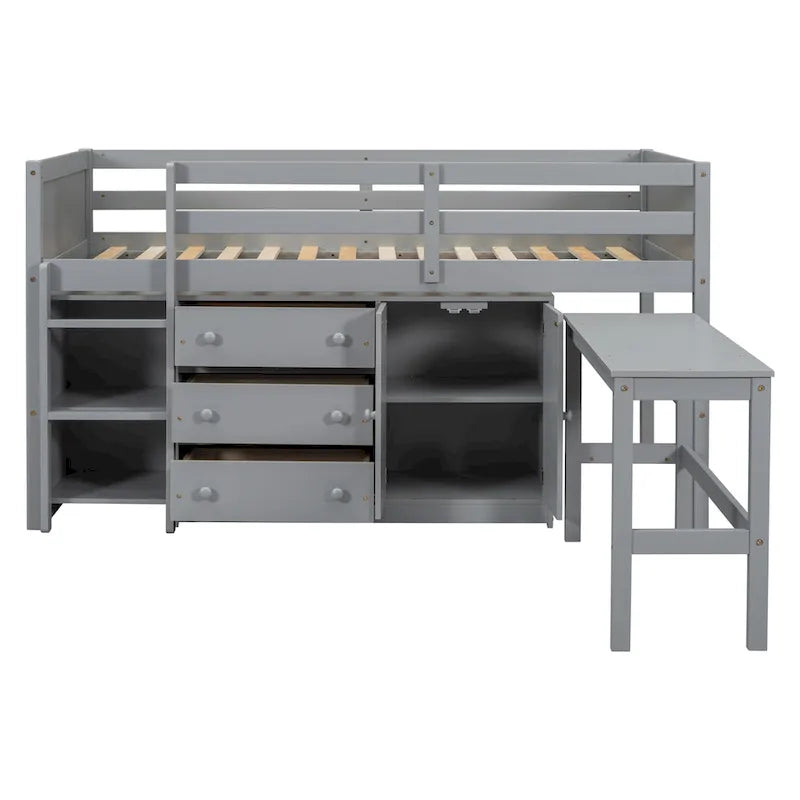 Lit mezzanine bas simple blanc avec bureau, rangements et étagères – 1 personne