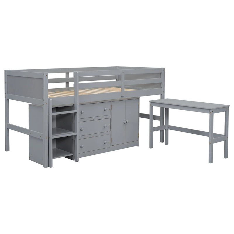 Lit mezzanine bas simple blanc avec bureau, rangements et étagères – 1 personne