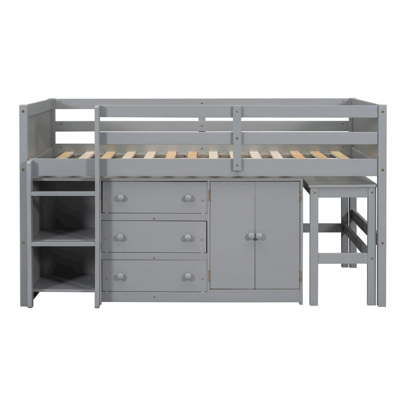 Lit mezzanine bas simple blanc avec bureau, rangements et étagères – 1 personne