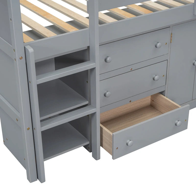 Lit mezzanine bas simple blanc avec bureau, rangements et étagères – 1 personne