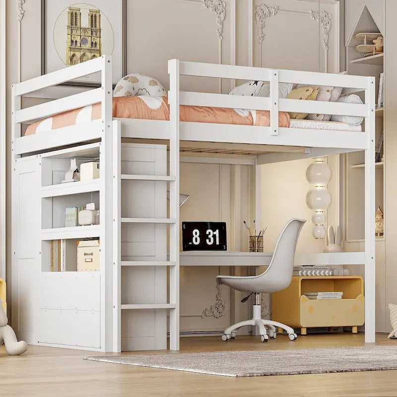 Lit mezzanine pleine grandeur blanc avec bureau, armoire et rangement, pour 1 personne