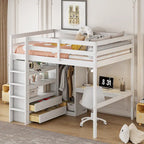 Lit mezzanine pleine grandeur blanc avec bureau, armoire et rangement, pour 1 personne