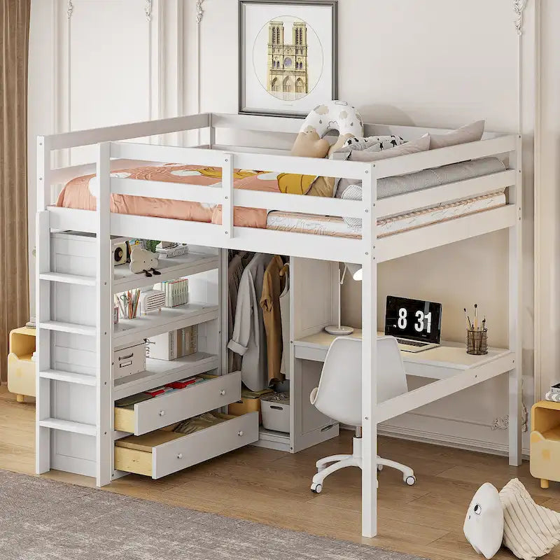 Lit mezzanine pleine grandeur blanc avec bureau, armoire et rangement, pour 1 personne