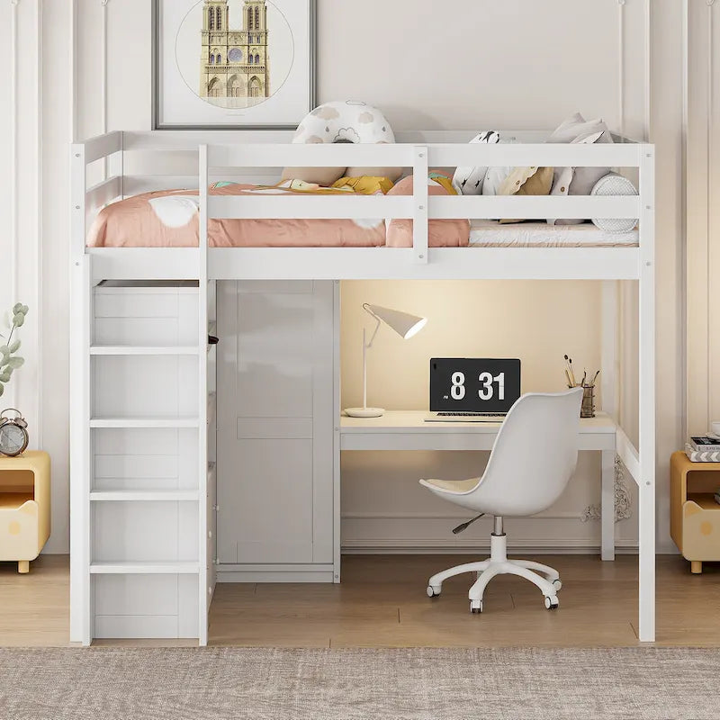 Lit mezzanine pleine grandeur blanc avec bureau, armoire et rangement, pour 1 personne