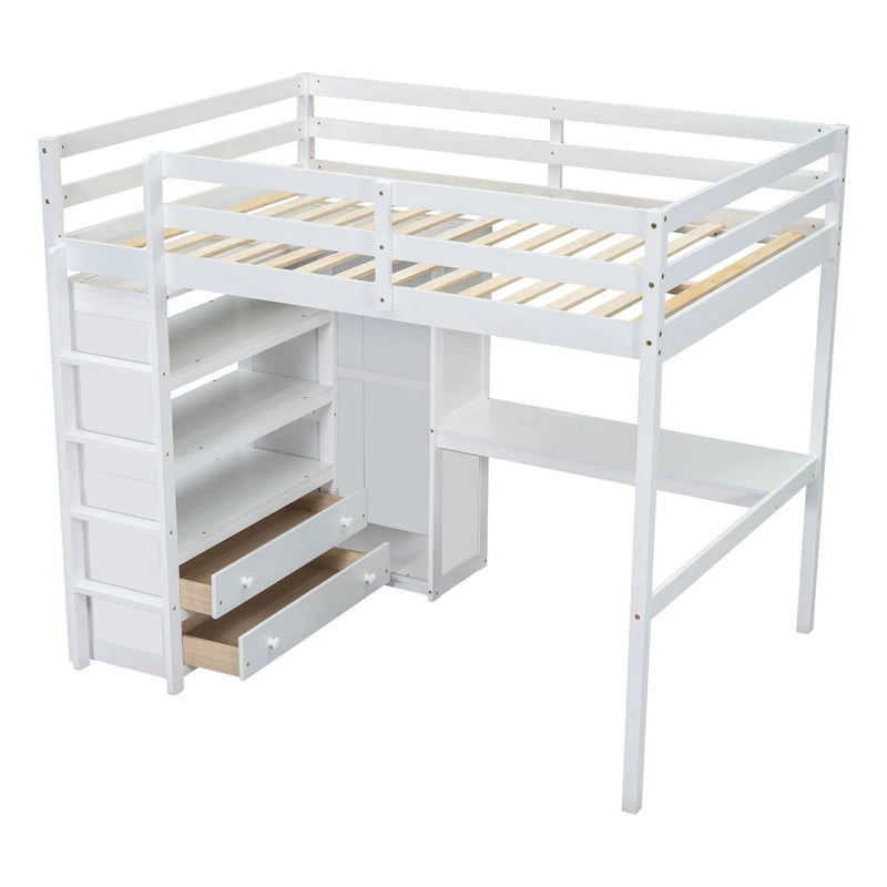 Lit mezzanine pleine grandeur blanc avec bureau, armoire et rangement, pour 1 personne