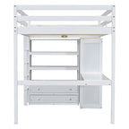 Lit mezzanine pleine grandeur blanc avec bureau, armoire et rangement, pour 1 personne