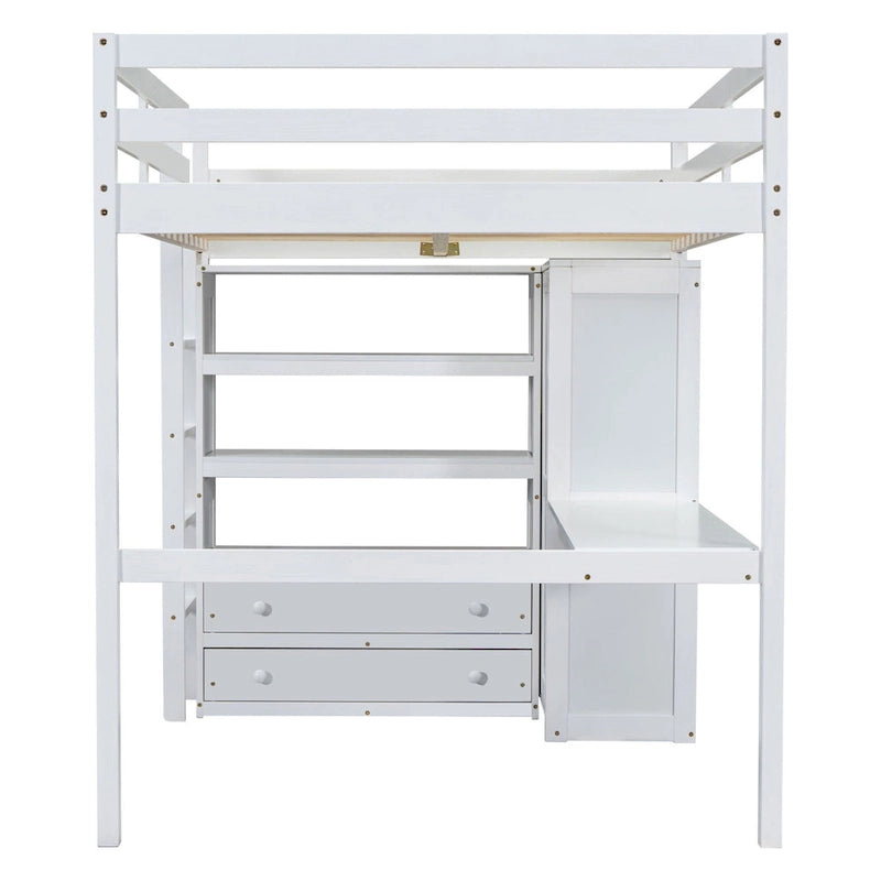 Lit mezzanine pleine grandeur blanc avec bureau, armoire et rangement, pour 1 personne