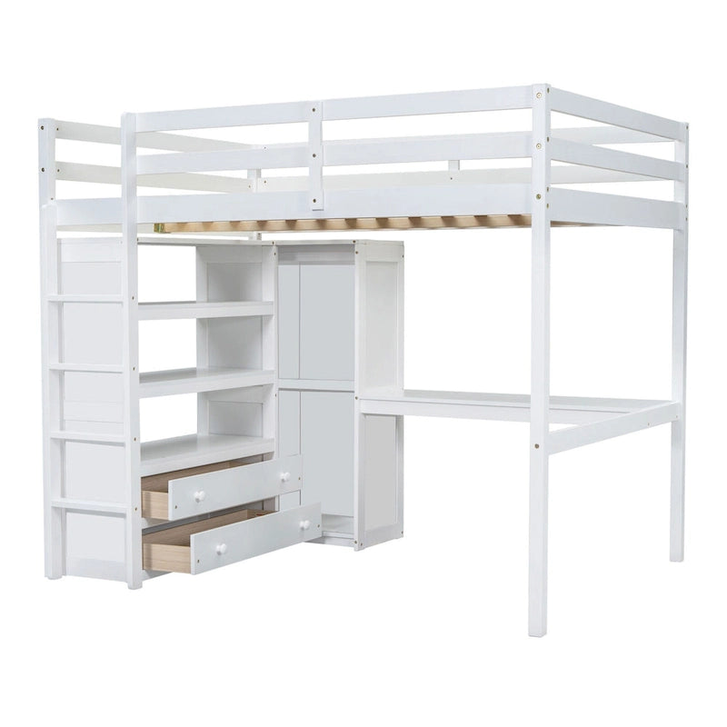 Lit mezzanine pleine grandeur blanc avec bureau, armoire et rangement, pour 1 personne