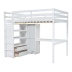 Lit mezzanine pleine grandeur blanc avec bureau, armoire et rangement, pour 1 personne