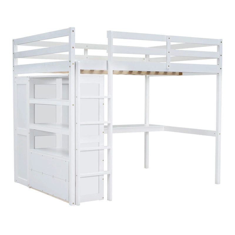 Lit mezzanine pleine grandeur blanc avec bureau, armoire et rangement, pour 1 personne