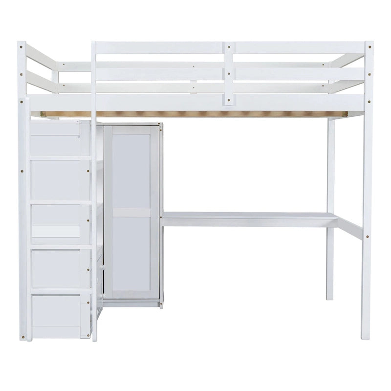 Lit mezzanine pleine grandeur blanc avec bureau, armoire et rangement, pour 1 personne
