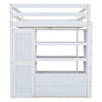 Lit mezzanine pleine grandeur blanc avec bureau, armoire et rangement, pour 1 personne