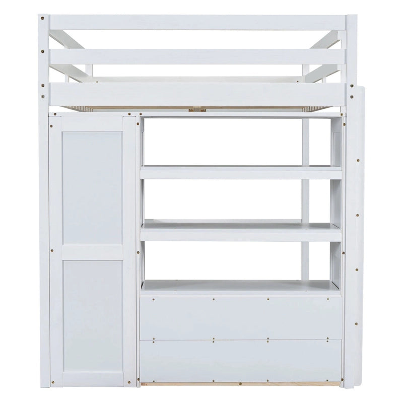 Lit mezzanine pleine grandeur blanc avec bureau, armoire et rangement, pour 1 personne