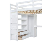 Lit mezzanine pleine grandeur blanc avec bureau, armoire et rangement, pour 1 personne