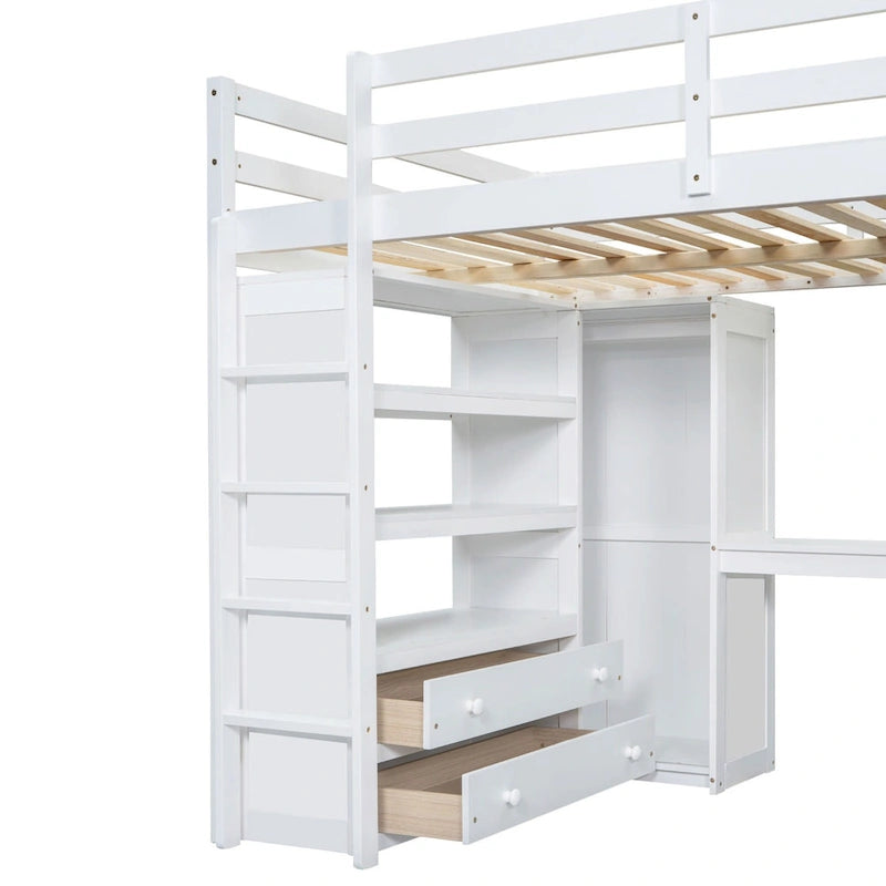 Lit mezzanine pleine grandeur blanc avec bureau, armoire et rangement, pour 1 personne