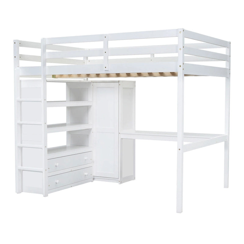 Lit mezzanine pleine grandeur blanc avec bureau, armoire et rangement, pour 1 personne