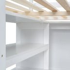 Lit mezzanine pleine grandeur blanc avec bureau, armoire et rangement, pour 1 personne