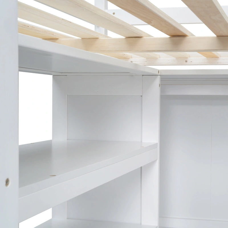 Lit mezzanine pleine grandeur blanc avec bureau, armoire et rangement, pour 1 personne