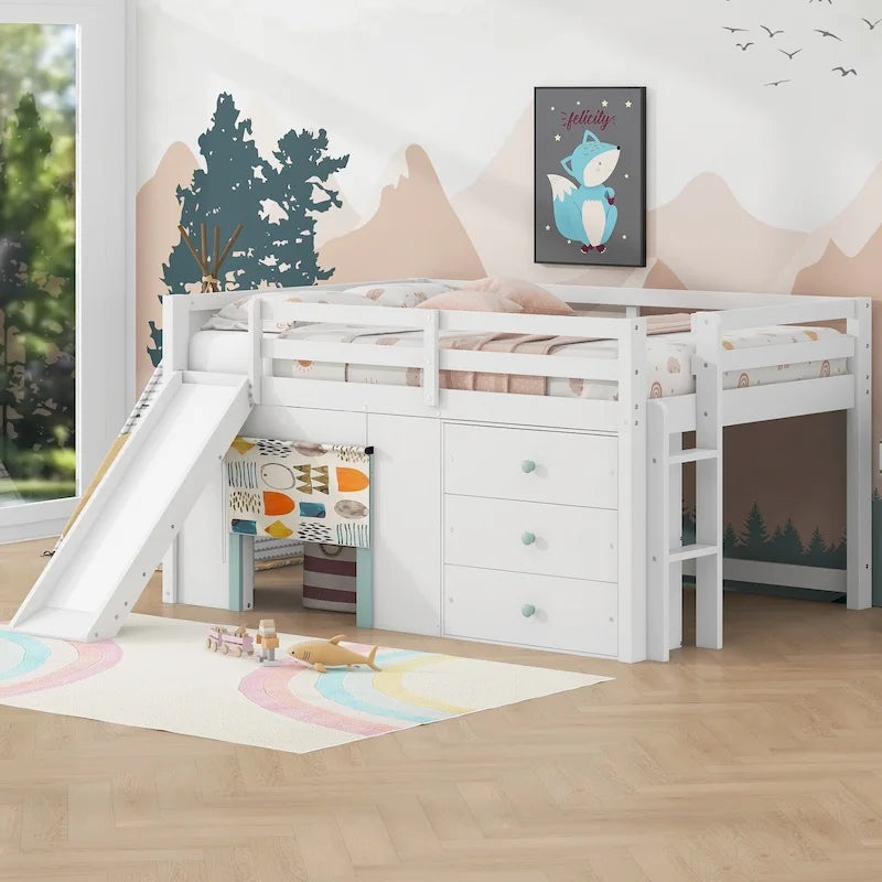 Lit bas mezzanine blanc pleine grandeur avec toboggan, pour 1 enfant