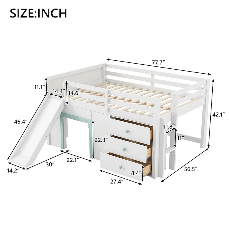 Lit bas mezzanine blanc pleine grandeur avec toboggan, pour 1 enfant