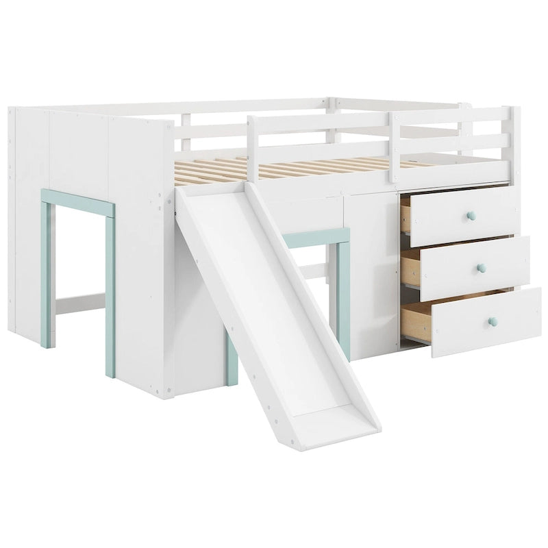 Lit bas mezzanine blanc pleine grandeur avec toboggan, pour 1 enfant